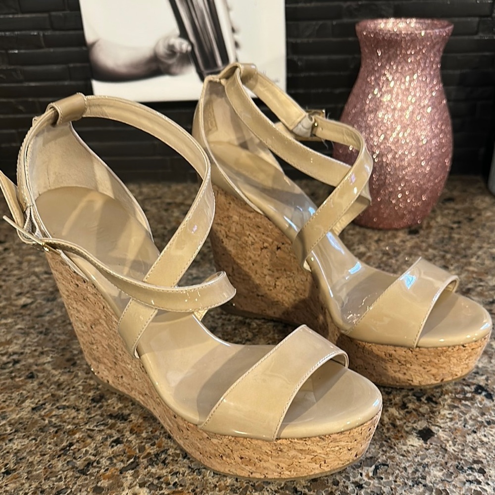 Jimmy Choo Cream Wedge Sandals with Cork Heel